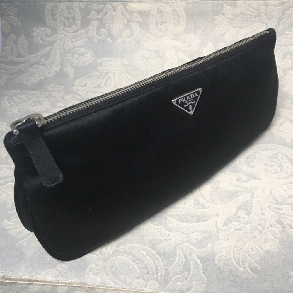 Prada Black Silk Satin Clutch with Mirror